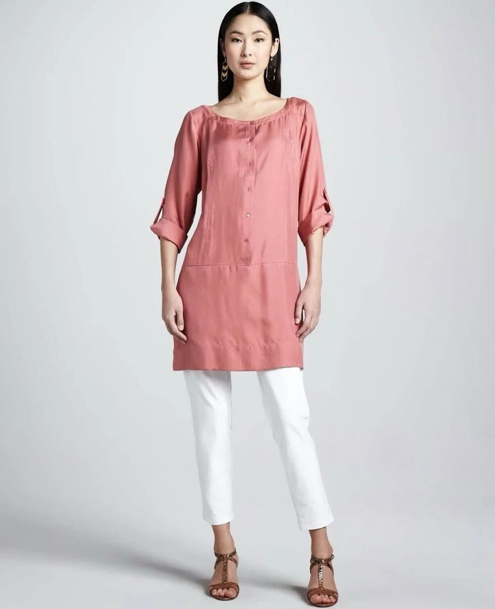 Eileen Fisher Sandwashed Silk Twill Roll Up Sleeve Tunic Dress in Salmon Pink XL